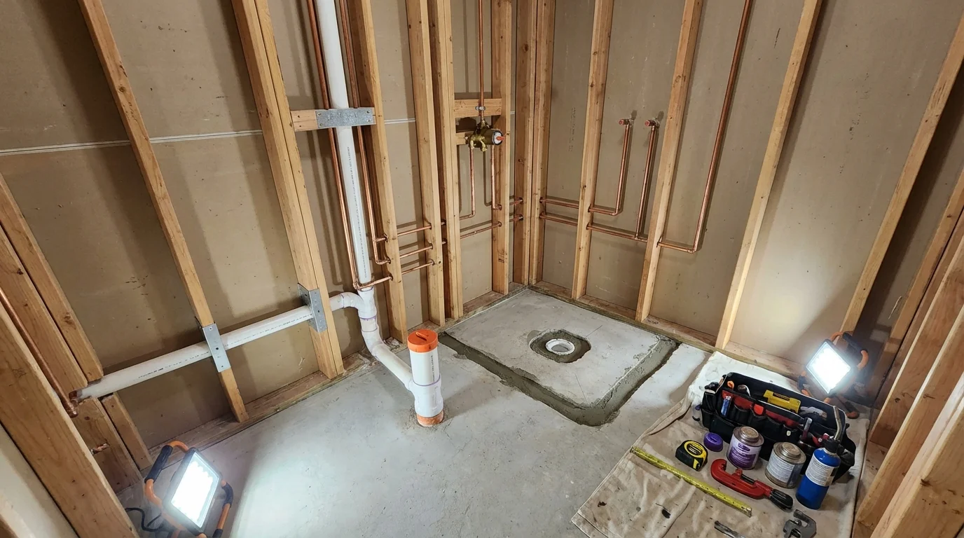 Bathroom rough-in plumbing during remodel by Johns Plumbing LLC in Star City