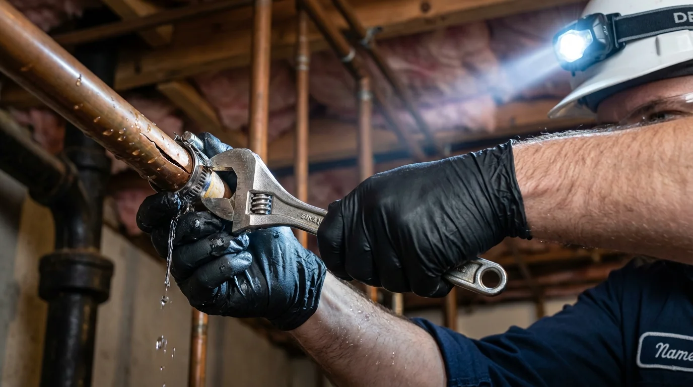 Emergency pipe clamp repair being performed by a Johns Plumbing LLC plumber in Star City