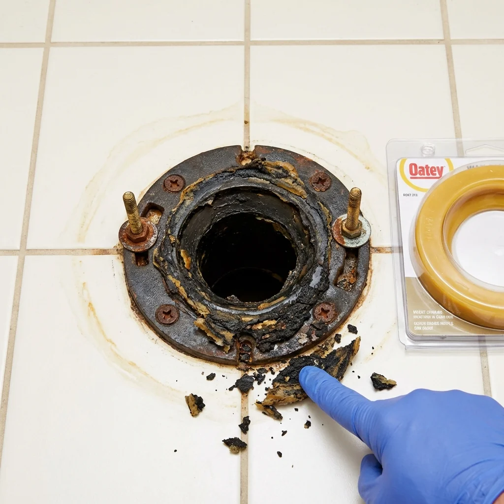 Failed wax ring showing water seepage at the base of a toilet in a Star City, AR home
