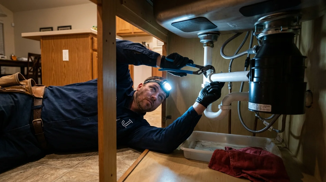 P-trap and supply line connections under a kitchen sink showing a common leak point in Star City, AR